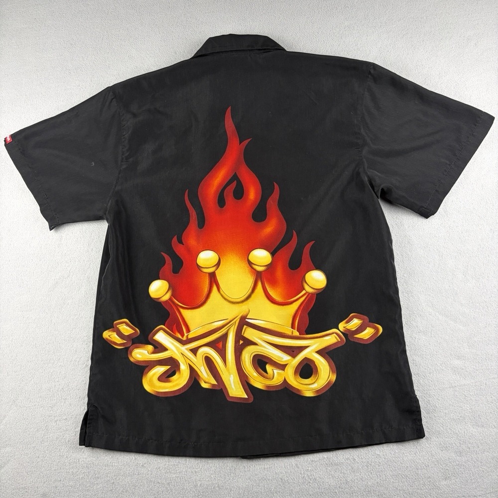 JNCO Jeans Mens Black Button-Front Shirt L 14/16 Flame Crown Graphic 42"